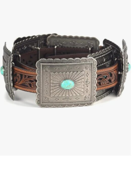 Western Belt with Turquoise Concho Accents Genuine Leather Tooled Embossing
